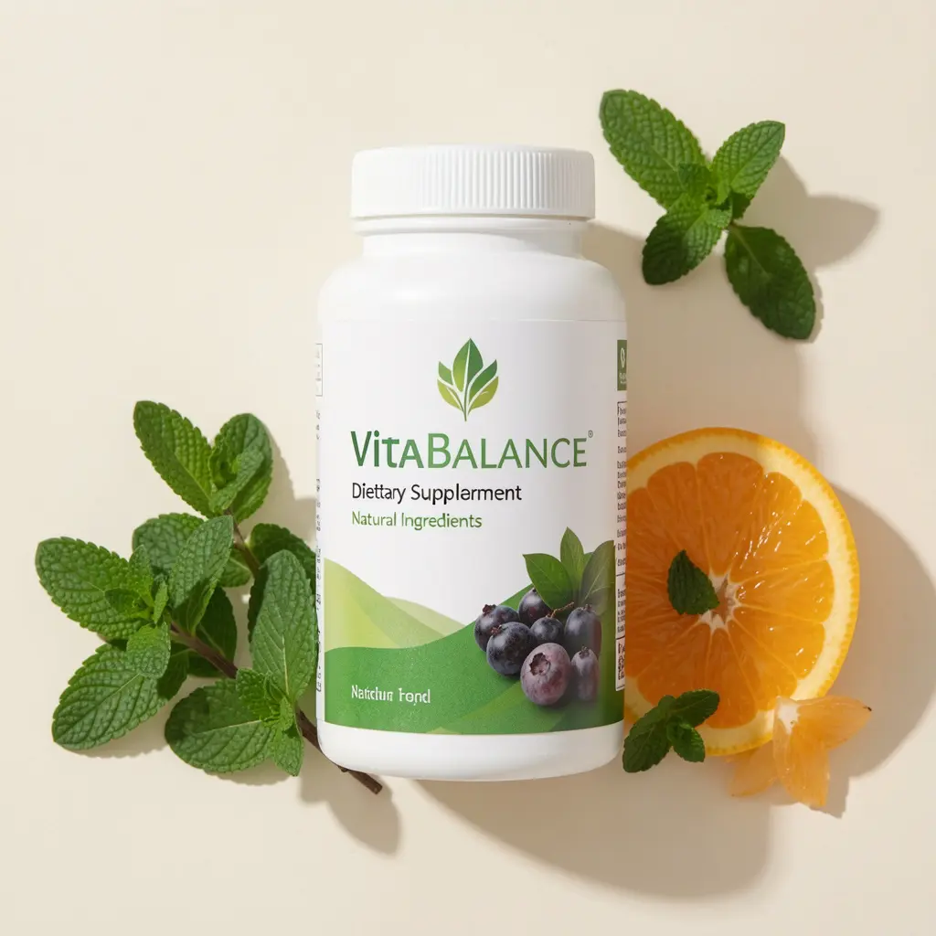 VitaBalance dietary supplement bottle with natural ingredients displayed